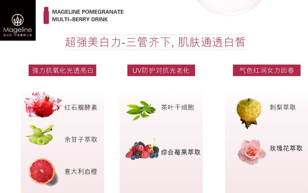 Mageline Pomegranate Multi-Berry DrinkIt is an ideal way to soothe dry skin, can give benefits to the the skin, where it will provides moisture, hydration and skin nourishment. Besides, it also good for anti-aging purpose. Being rich in vitamin C and other antioxidants, pomegranates can help delay the signs of aging. These antioxidants also fight skin inflammation and treat acne breakouts and dark spots. They also naturally brighten the skin.