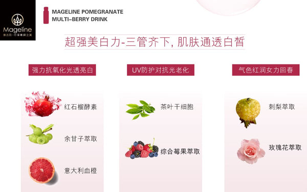 Mageline Pomegranate Multi-Berry DrinkIt is an ideal way to soothe dry skin, can give benefits to the the skin, where it will provides moisture, hydration and skin nourishment. Besides, it also good for anti-aging purpose. Being rich in vitamin C and other antioxidants, pomegranates can help delay the signs of aging. These antioxidants also fight skin inflammation and treat acne breakouts and dark spots. They also naturally brighten the skin. 