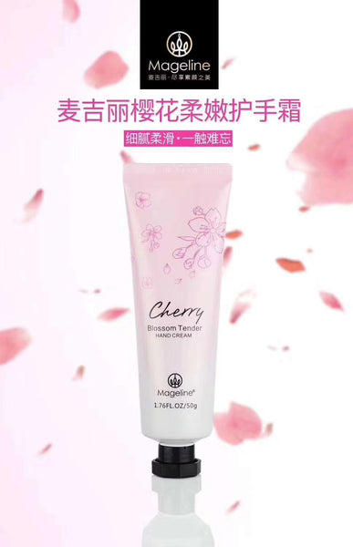 Mageline Cherry Blossom Tender Hand Cream. Delicate, smooth, moisturizing and non-greasy, with soft, elegant, fresh and pleasant aroma, it is rich in macadamia nut oil and shea butter, hydrating and nourishing, helping to prevent hand crack, soothing dryness and diminishing fine lines. Cherry blossom extract can enhance hand skin elasticity and leave hands soft, smooth and shiny.