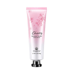 Mageline Cherry Blossom Tender Hand Cream. Delicate, smooth, moisturizing and non-greasy, with soft, elegant, fresh and pleasant aroma, it is rich in macadamia nut oil and shea butter, hydrating and nourishing, helping to prevent hand crack, soothing dryness and diminishing fine lines. Cherry blossom extract can enhance hand skin elasticity and leave hands soft, smooth and shiny. 